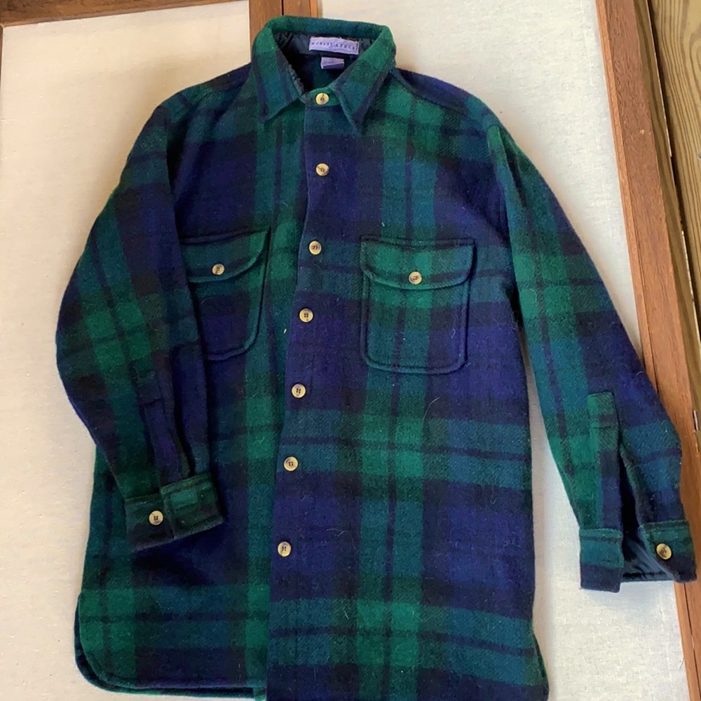 Men’s winter shirt wool Robert Sfock. Stunning color green and blues.